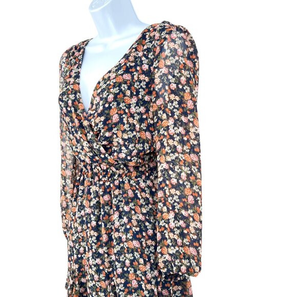 Trixxi Floral Sheer Long Sleeve V-Neck Mini Dress Navy Blue Orange Size Small - Picture 6 of 12